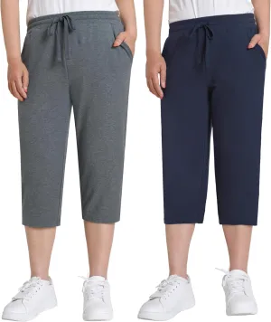 Weintee Women's Petite Cotton Capri Pants with Pockets 2 Pack