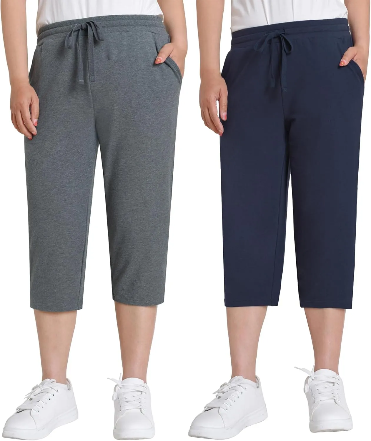 Weintee Women's Petite Cotton Capri Pants with Pockets 2 Pack