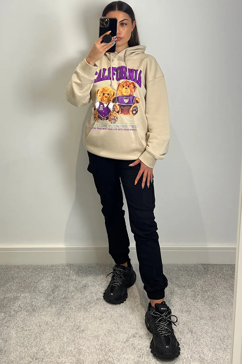 Whitney Beige Teddy Graphic Print Oversized Hoodie