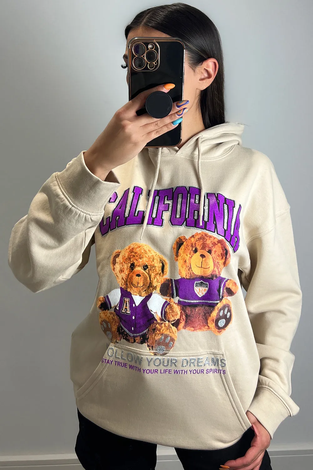 Whitney Beige Teddy Graphic Print Oversized Hoodie