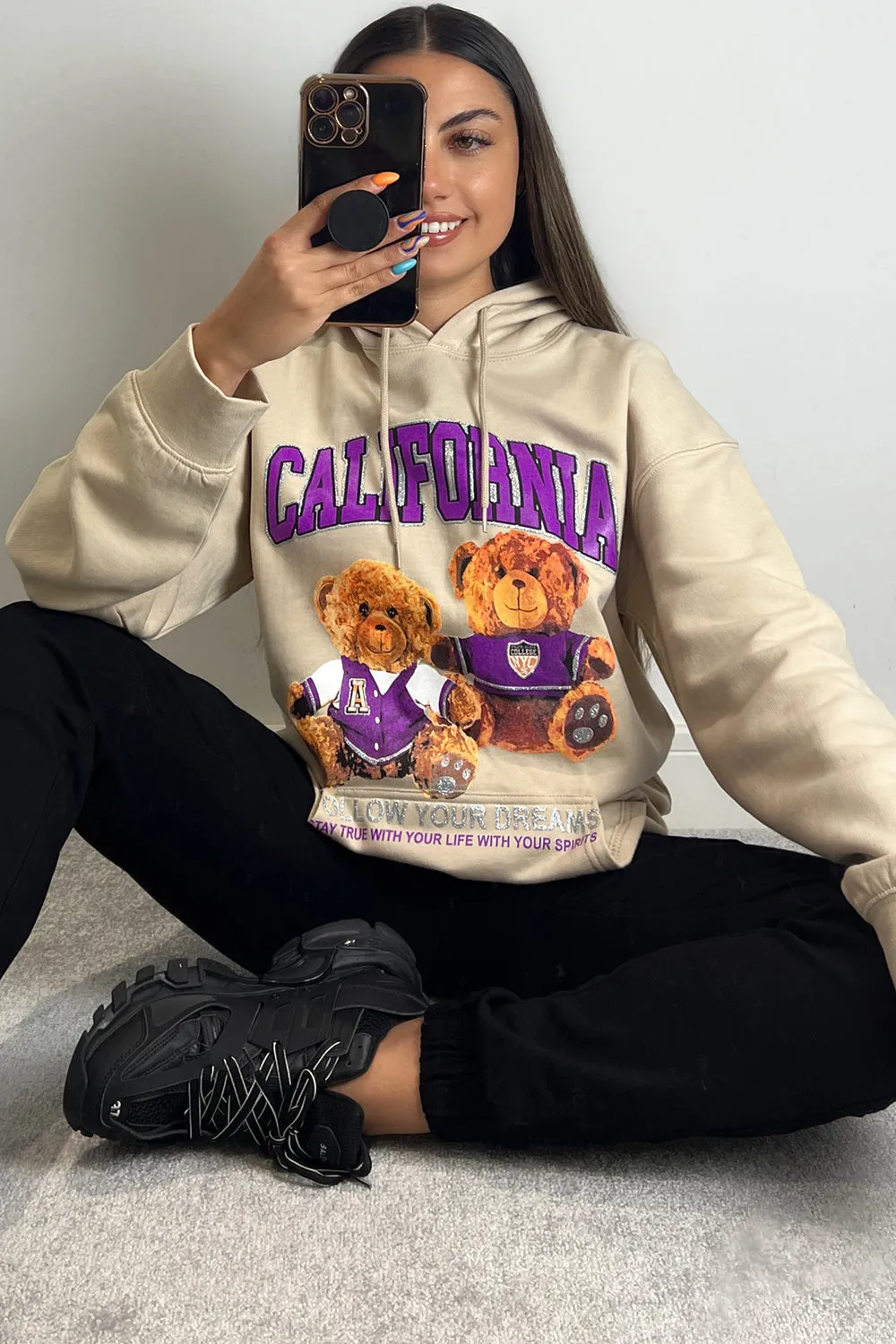 Whitney Beige Teddy Graphic Print Oversized Hoodie