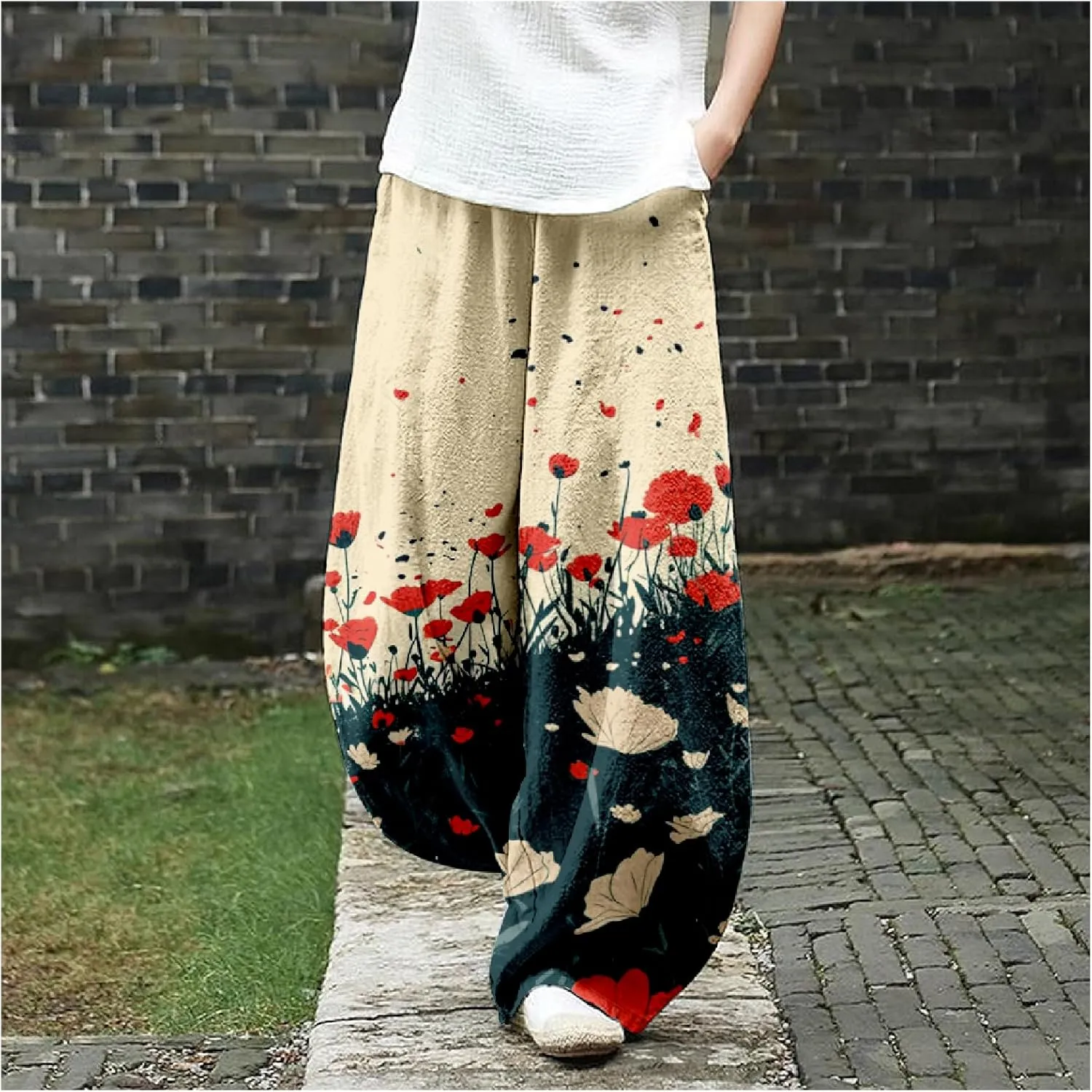 Wide Leg Pants for Women Boho Floral Printed Elastic Waist Baggy Trousers Loose Fit Lounge Pants with Pockets