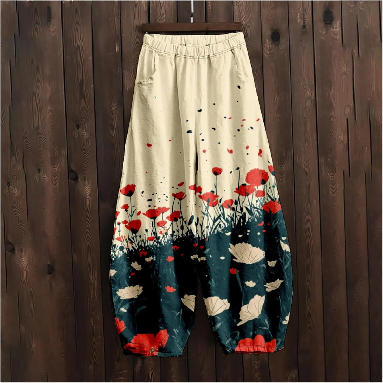 Wide Leg Pants for Women Boho Floral Printed Elastic Waist Baggy Trousers Loose Fit Lounge Pants with Pockets
