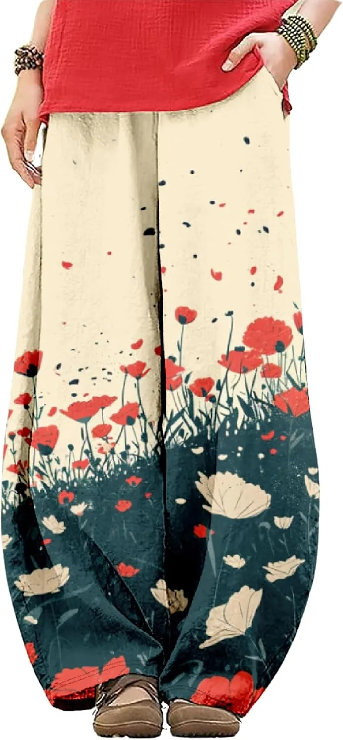 Wide Leg Pants for Women Boho Floral Printed Elastic Waist Baggy Trousers Loose Fit Lounge Pants with Pockets