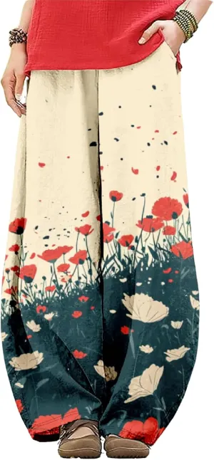 Wide Leg Pants for Women Boho Floral Printed Elastic Waist Baggy Trousers Loose Fit Lounge Pants with Pockets