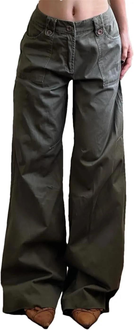 Women Autumn Spring Fashion Streetwear Big Pockets Cargo Pants Casual Loose Mid-Waisted Wide Leg Pants