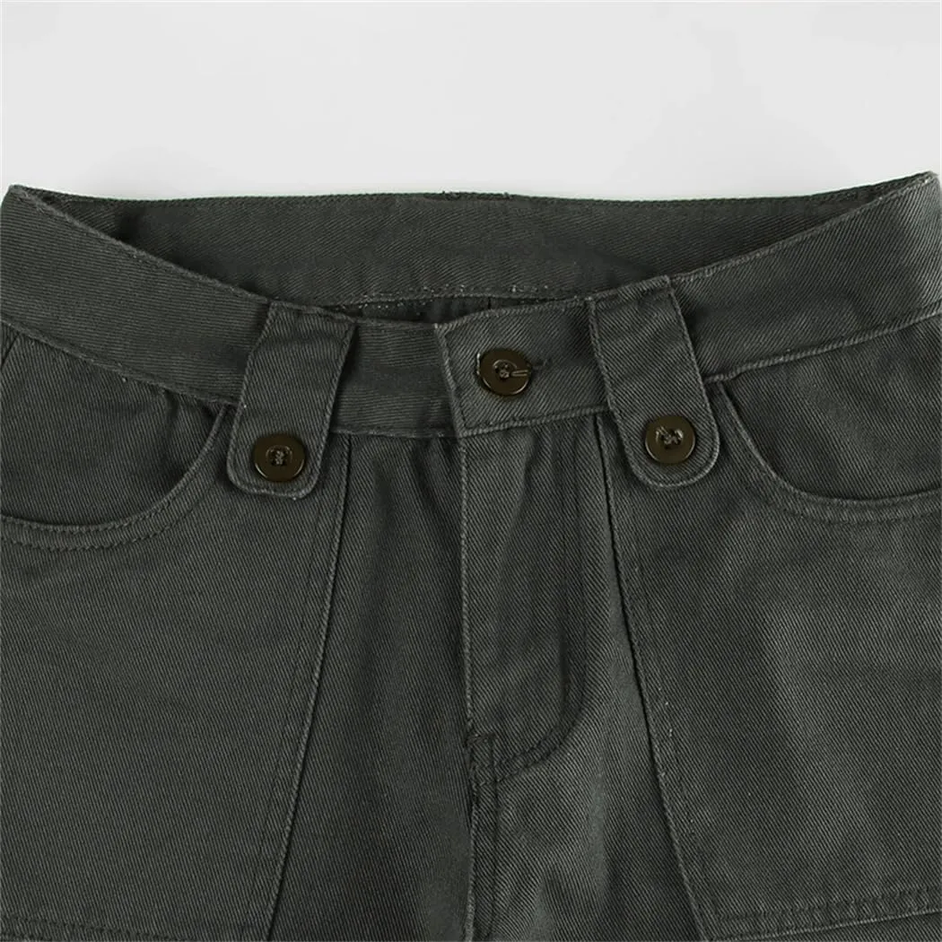 Women Autumn Spring Fashion Streetwear Big Pockets Cargo Pants Casual Loose Mid-Waisted Wide Leg Pants