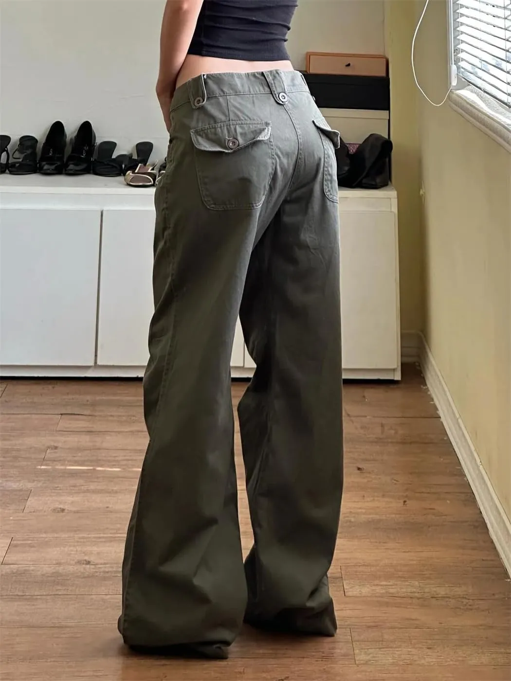 Women Autumn Spring Fashion Streetwear Big Pockets Cargo Pants Casual Loose Mid-Waisted Wide Leg Pants