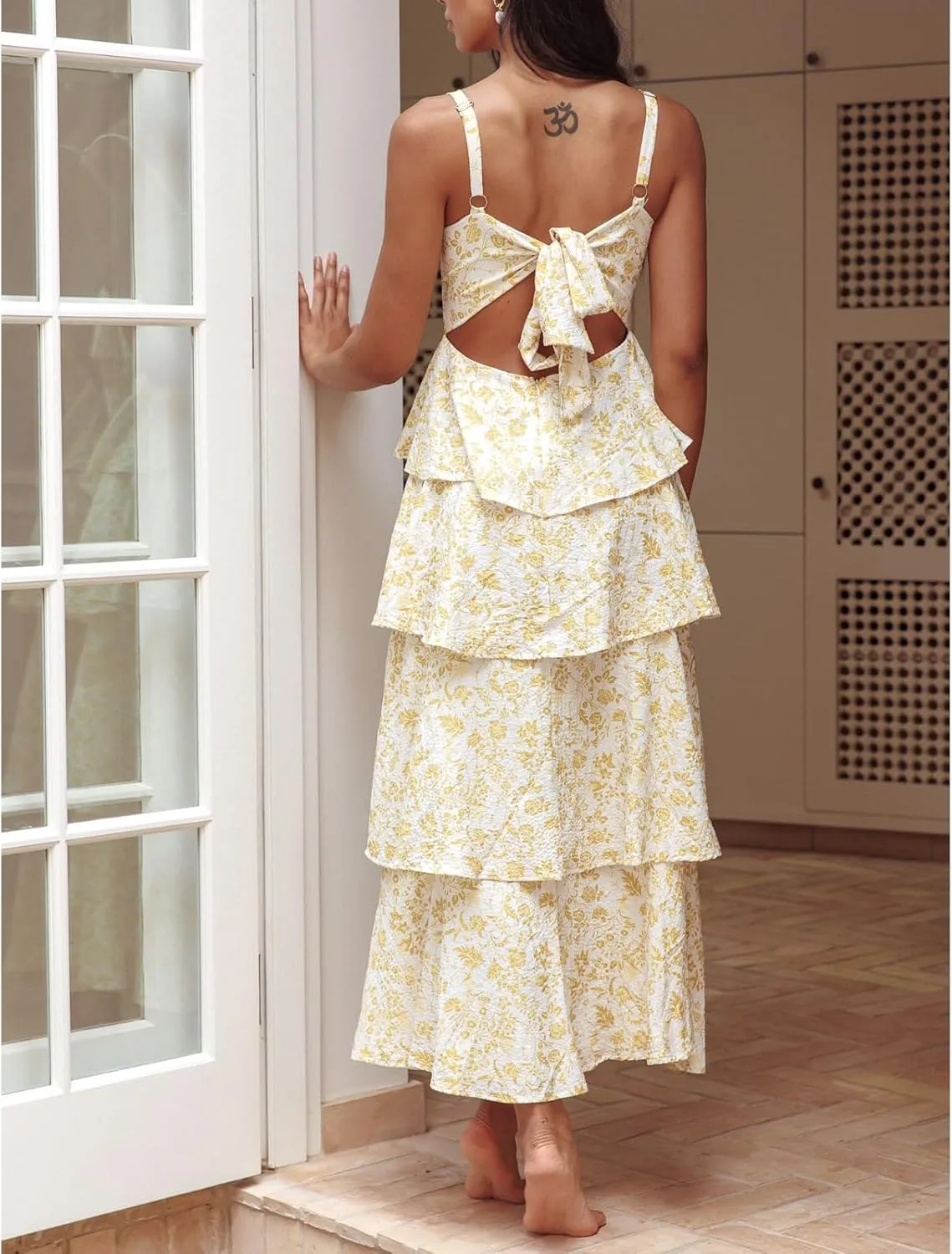Women Boho Floral Maxi Dress Spaghetti Strap Deep V Neck Lace Sheer Backless Long Ruffle Flowy Dresses Sundress