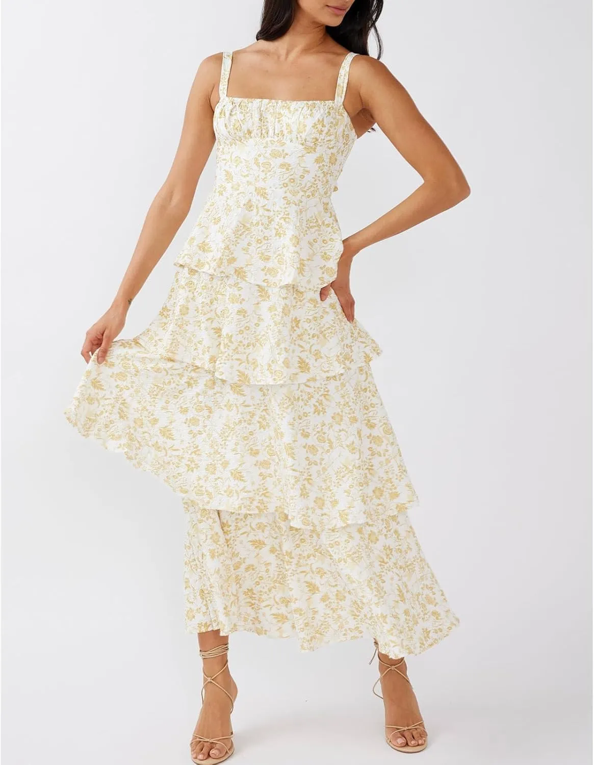 Women Boho Floral Maxi Dress Spaghetti Strap Deep V Neck Lace Sheer Backless Long Ruffle Flowy Dresses Sundress