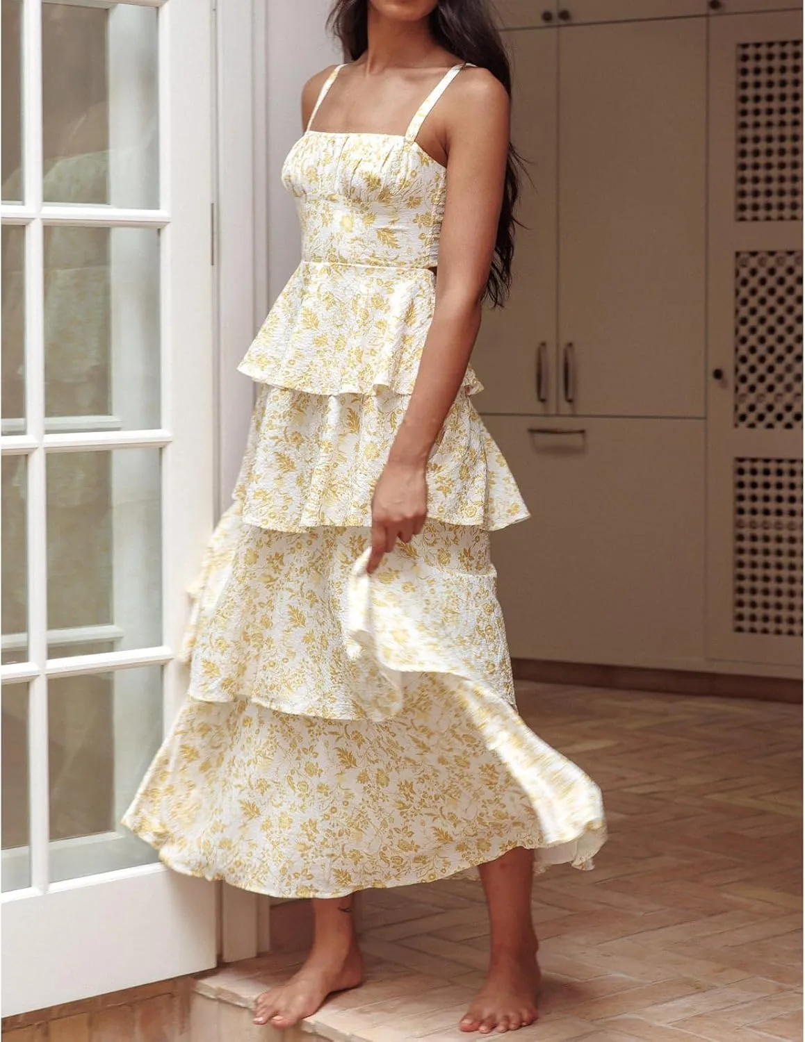 Women Boho Floral Maxi Dress Spaghetti Strap Deep V Neck Lace Sheer Backless Long Ruffle Flowy Dresses Sundress