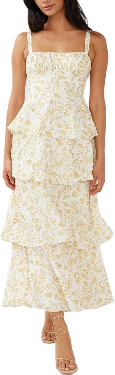 Women Boho Floral Maxi Dress Spaghetti Strap Deep V Neck Lace Sheer Backless Long Ruffle Flowy Dresses Sundress