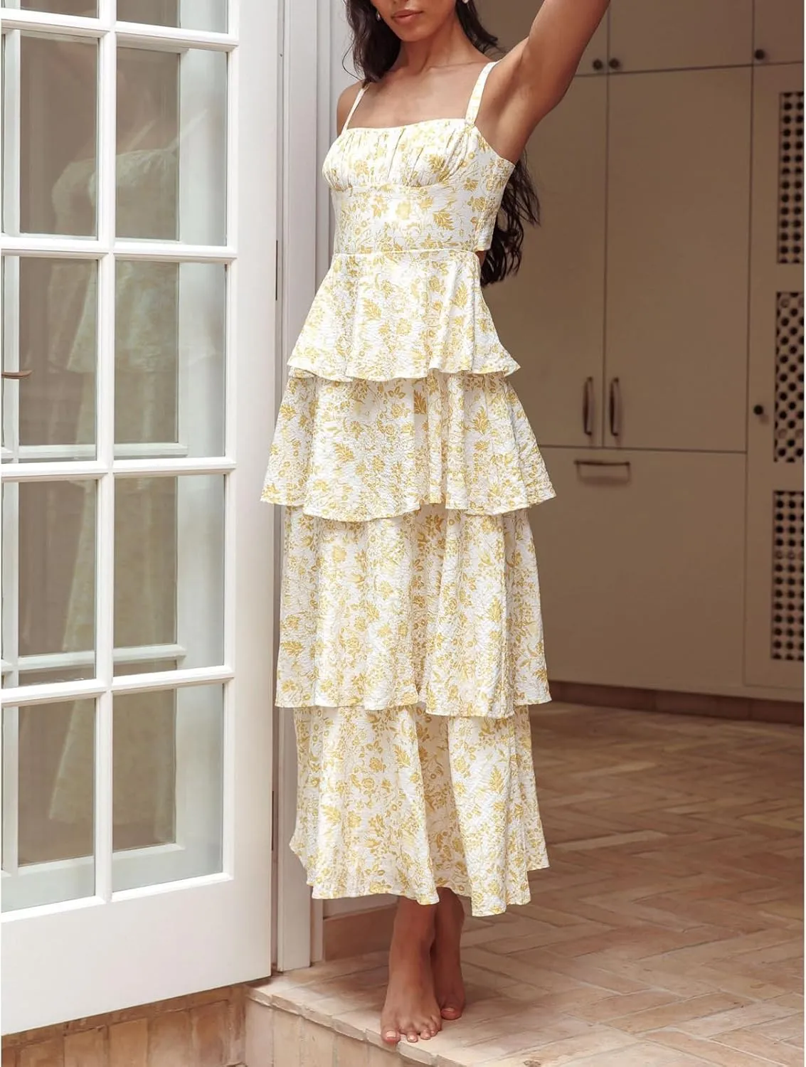 Women Boho Floral Maxi Dress Spaghetti Strap Deep V Neck Lace Sheer Backless Long Ruffle Flowy Dresses Sundress