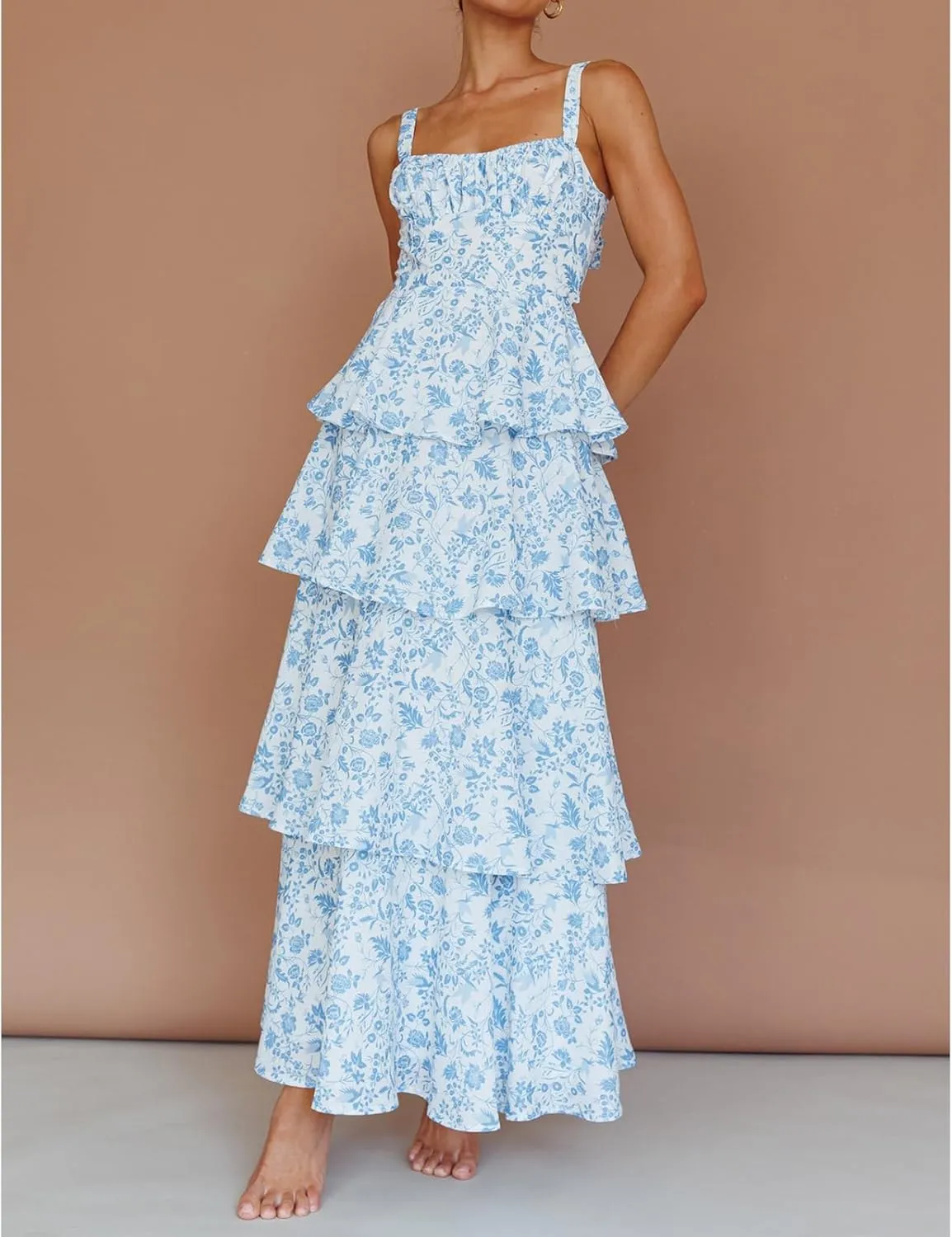 Women Boho Floral Maxi Dress Spaghetti Strap Deep V Neck Lace Sheer Backless Long Ruffle Flowy Dresses Sundress