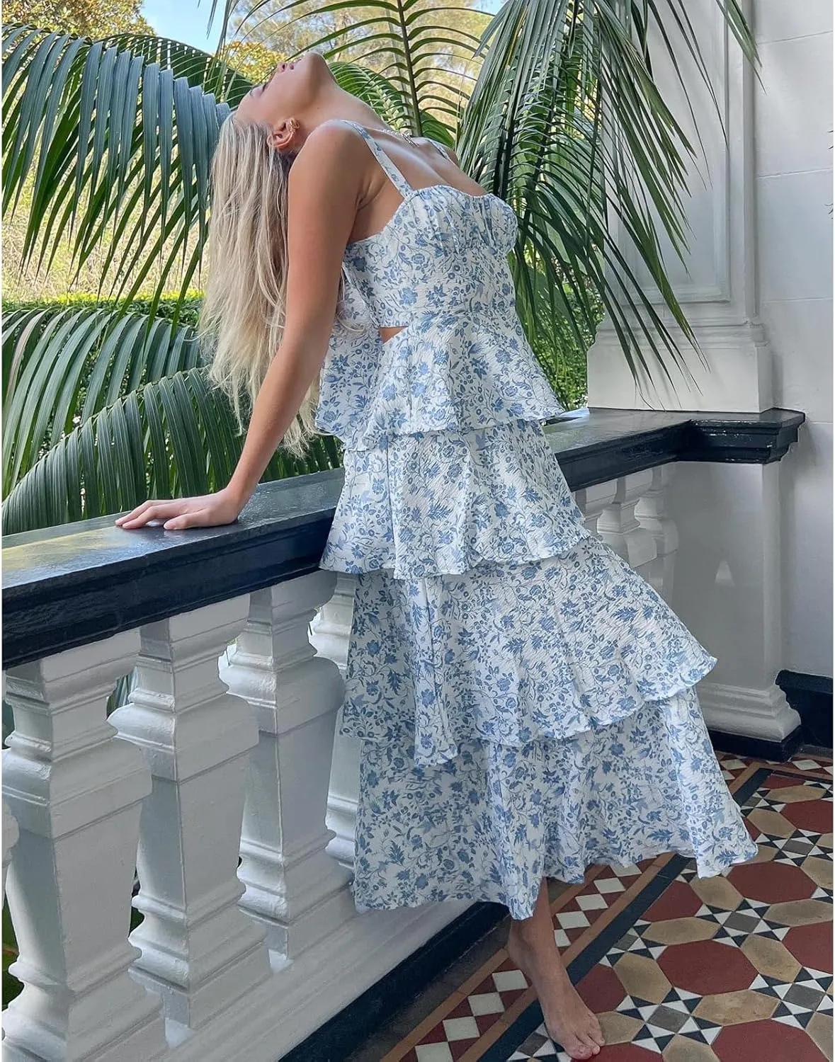 Women Boho Floral Maxi Dress Spaghetti Strap Deep V Neck Lace Sheer Backless Long Ruffle Flowy Dresses Sundress