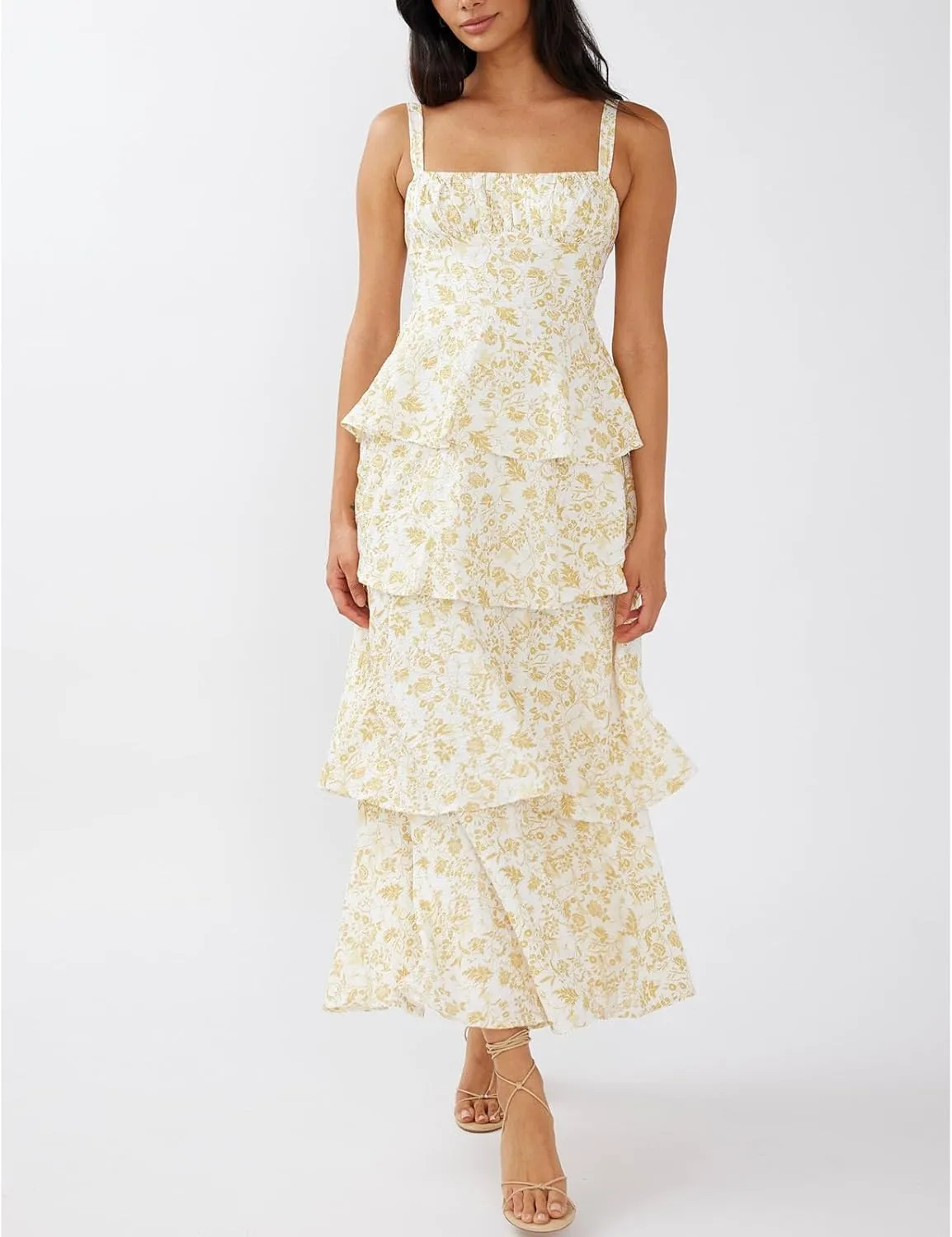 Women Boho Floral Maxi Dress Spaghetti Strap Deep V Neck Lace Sheer Backless Long Ruffle Flowy Dresses Sundress