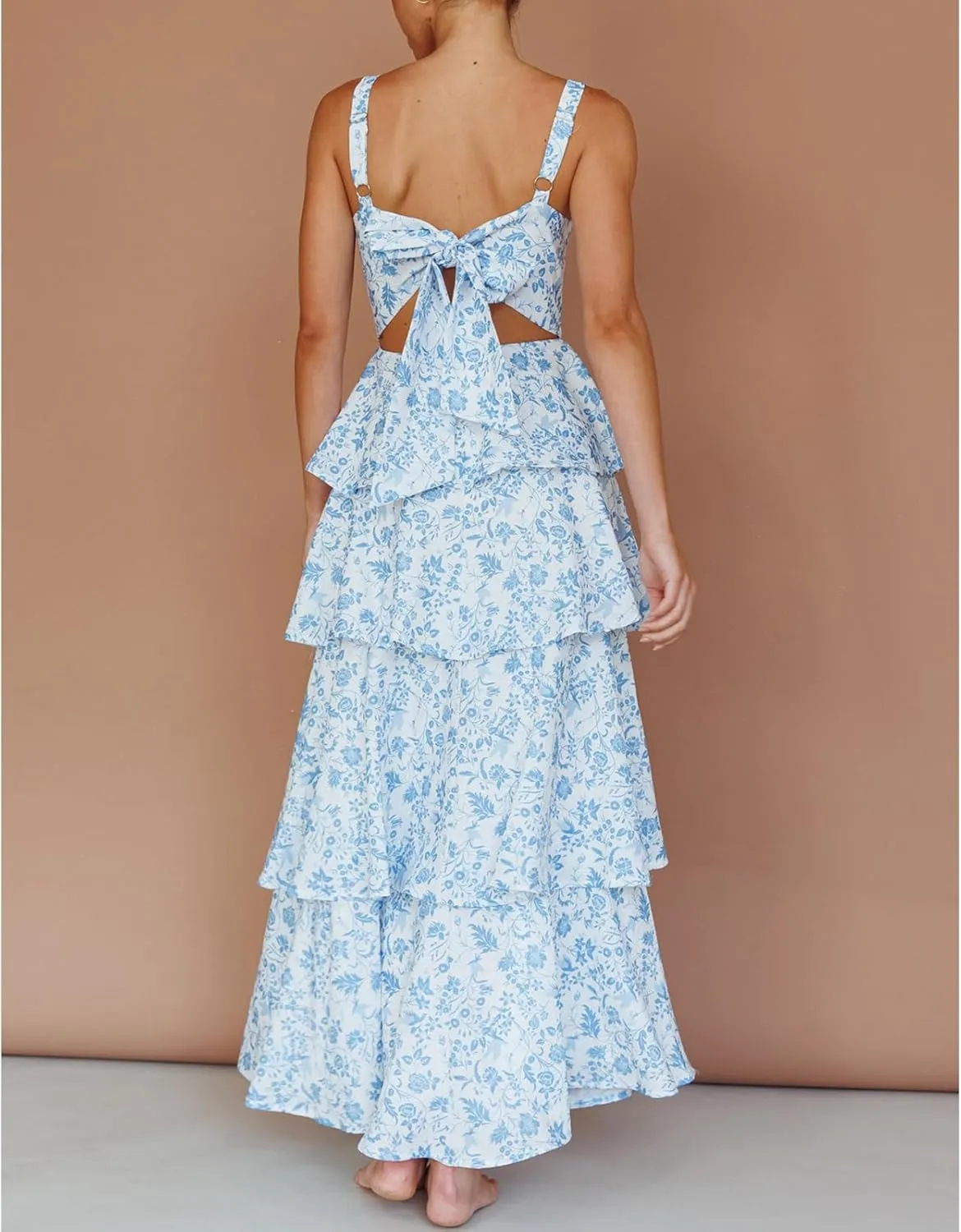 Women Boho Floral Maxi Dress Spaghetti Strap Deep V Neck Lace Sheer Backless Long Ruffle Flowy Dresses Sundress