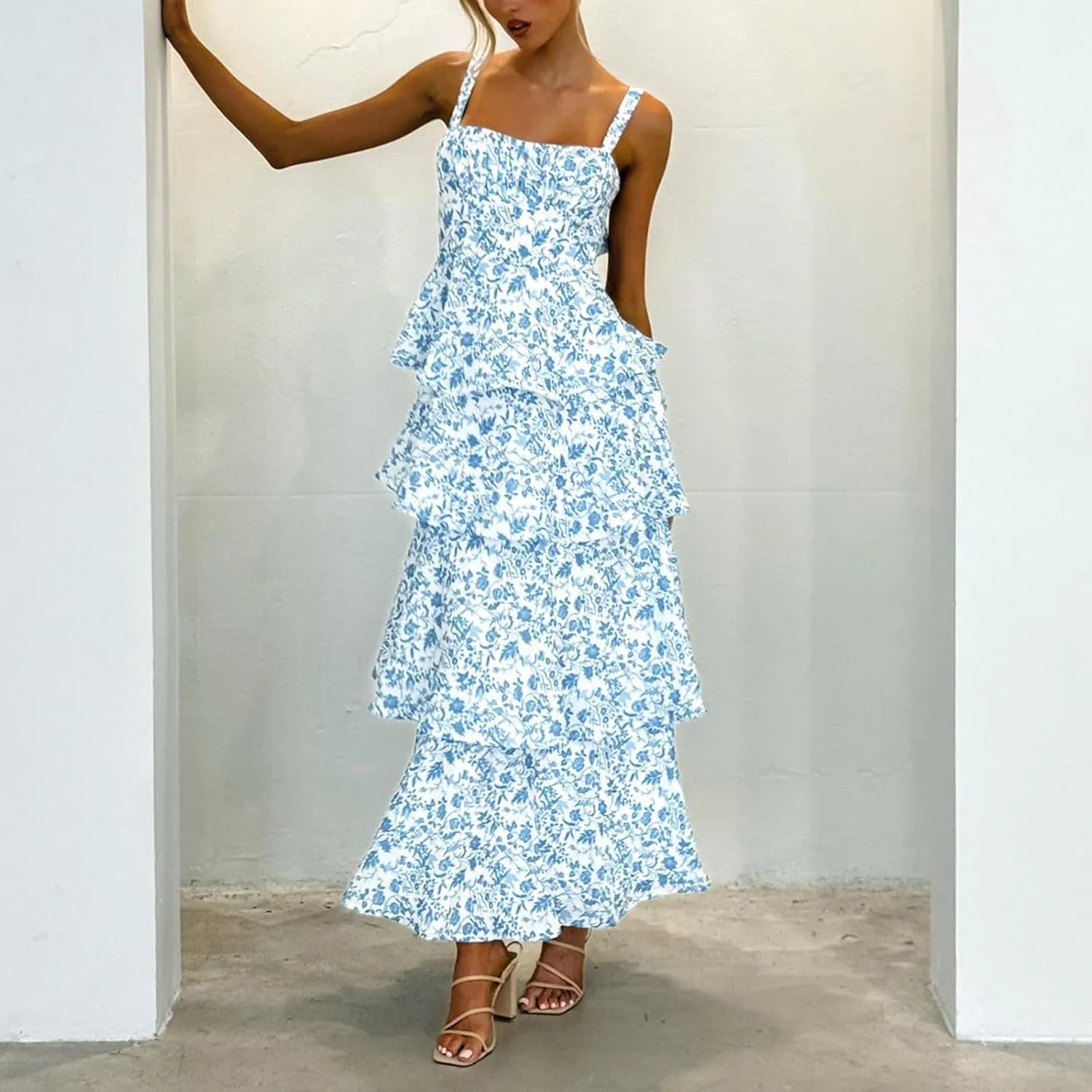 Women Boho Floral Maxi Dress Spaghetti Strap Deep V Neck Lace Sheer Backless Long Ruffle Flowy Dresses Sundress
