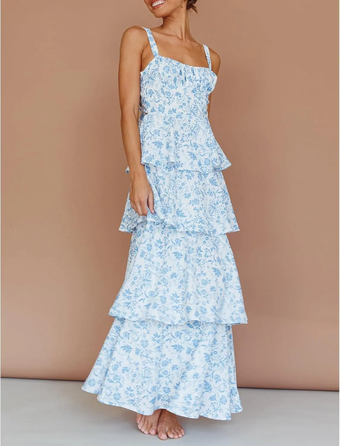 Women Boho Floral Maxi Dress Spaghetti Strap Deep V Neck Lace Sheer Backless Long Ruffle Flowy Dresses Sundress
