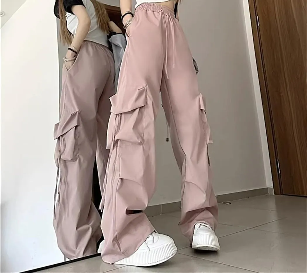 Women Fashion Pocket Solid Trousers Spring Fall Straight Loose Hing Waist Cargo Pants
