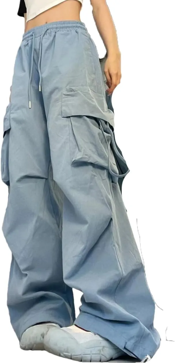 Women Fashion Pocket Solid Trousers Spring Fall Straight Loose Hing Waist Cargo Pants