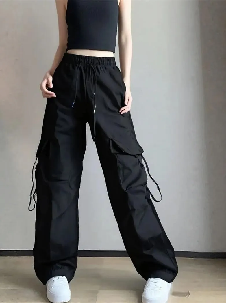 Women Fashion Pocket Solid Trousers Spring Fall Straight Loose Hing Waist Cargo Pants
