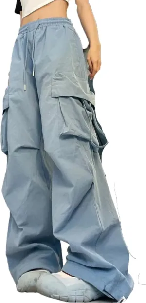Women Fashion Pocket Solid Trousers Spring Fall Straight Loose Hing Waist Cargo Pants