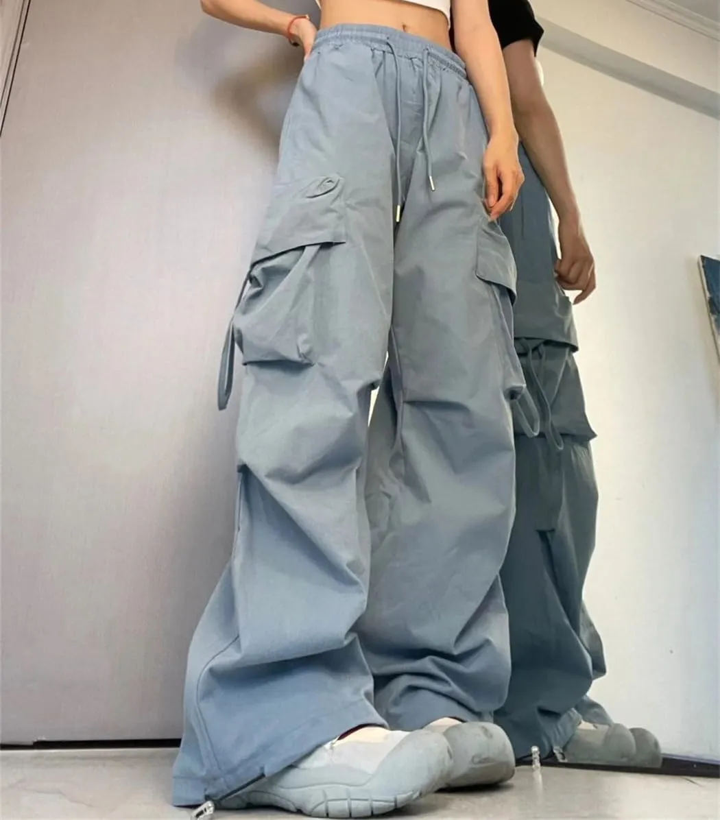 Women Fashion Pocket Solid Trousers Spring Fall Straight Loose Hing Waist Cargo Pants