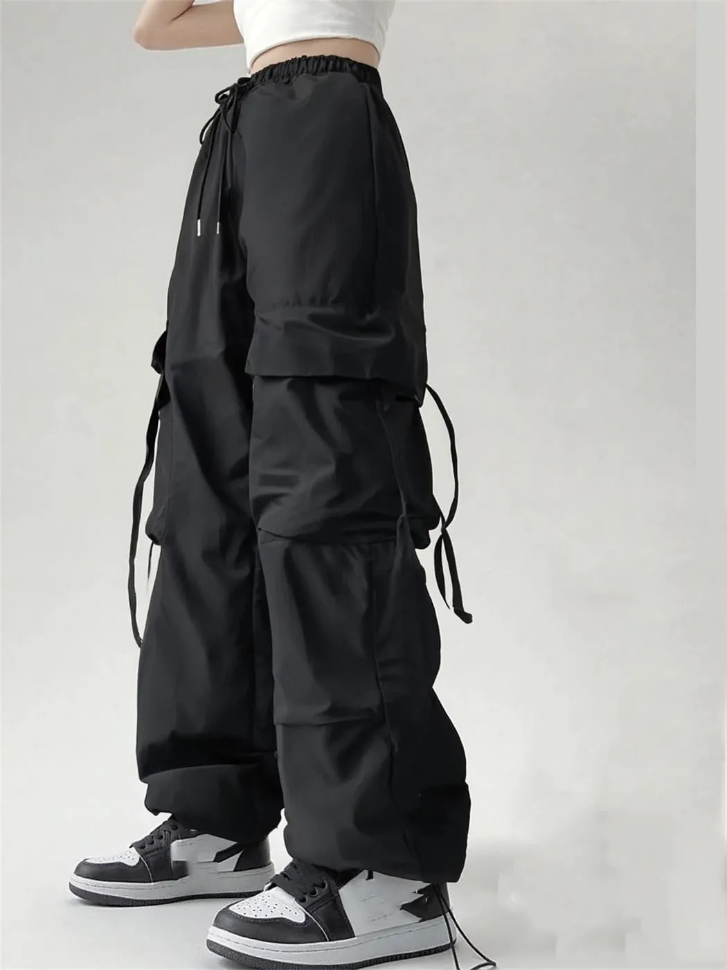 Women Fashion Pocket Solid Trousers Spring Fall Straight Loose Hing Waist Cargo Pants