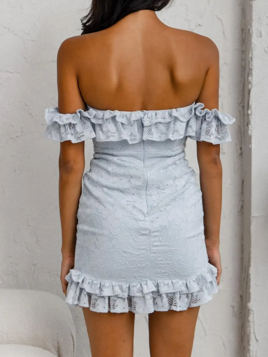 Women Floral Lace Bodycon Dress Off Shoulder Boat Neck Backless Ruffles Cocktail Dress Summer Party Club Mini Dress