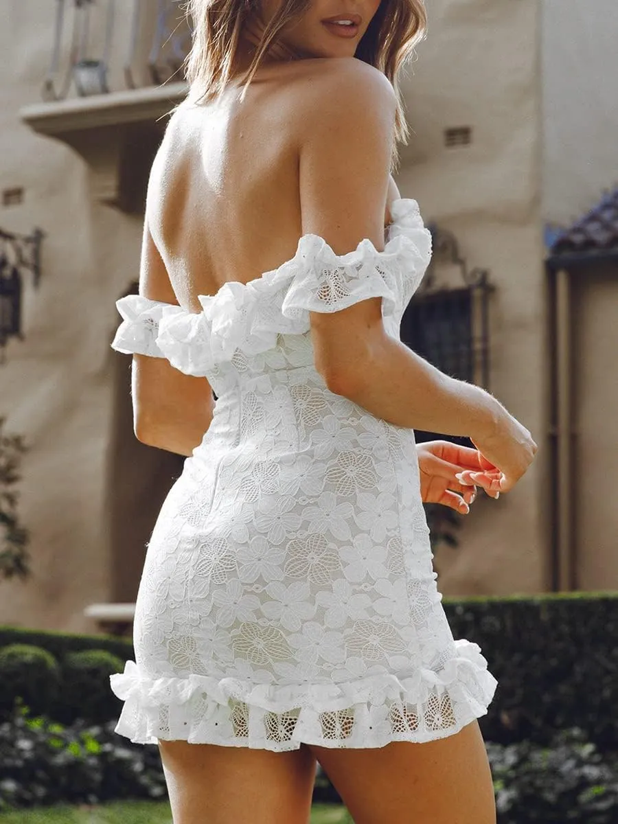 Women Floral Lace Bodycon Dress Off Shoulder Boat Neck Backless Ruffles Cocktail Dress Summer Party Club Mini Dress