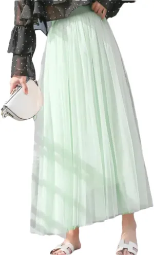 Women Korean Midi Summer Tulle Skirt Casual High Waist Pleated School Long A-Line Skirt