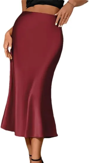 Women Satin Skirts Korean Style Office High Waist A-Line Fashion Solid Long Pencil Skirt