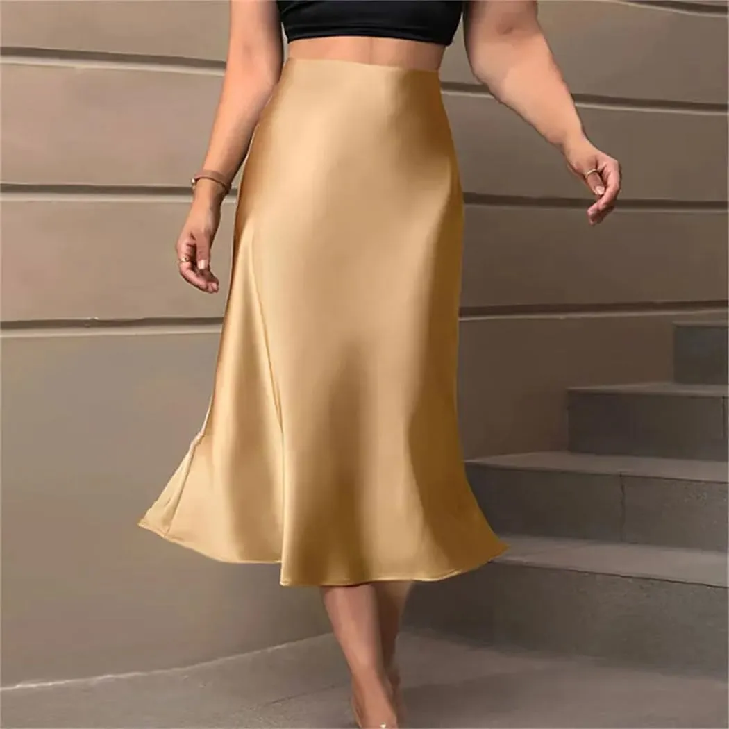 Women Satin Skirts Korean Style Office High Waist A-Line Fashion Solid Long Pencil Skirt