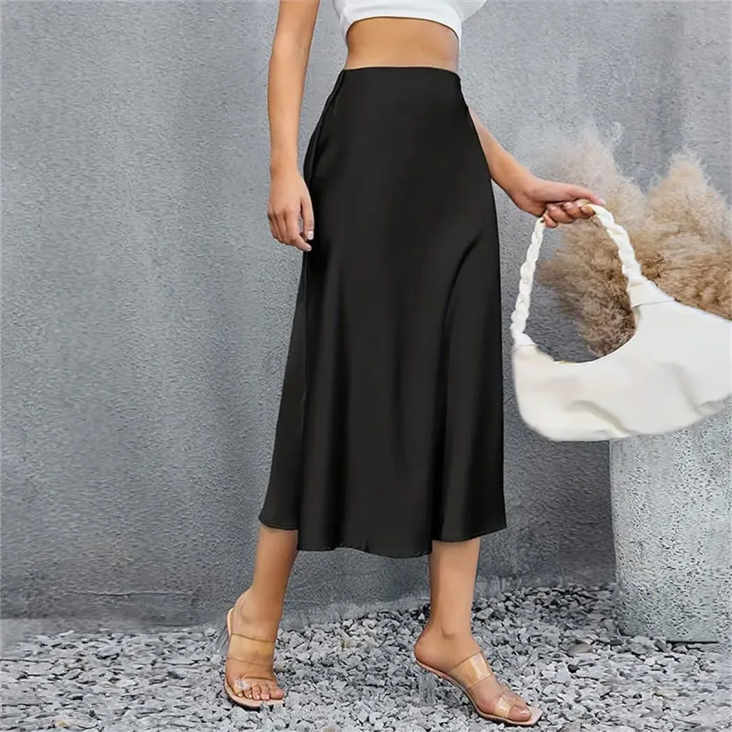 Women Satin Skirts Korean Style Office High Waist A-Line Fashion Solid Long Pencil Skirt