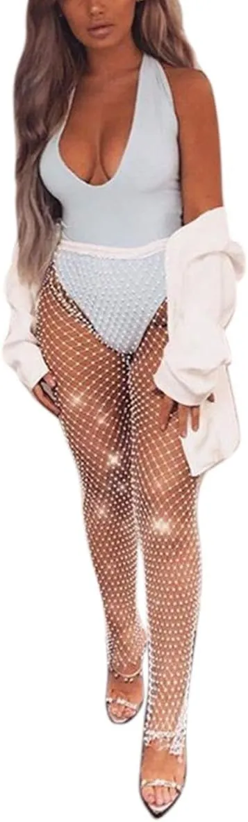 Women Sexy Crystal Rhinestone Mesh Pants Hollow Out Fishnet Leggings Rave Party Festival Club Trousers Beach Cover Up