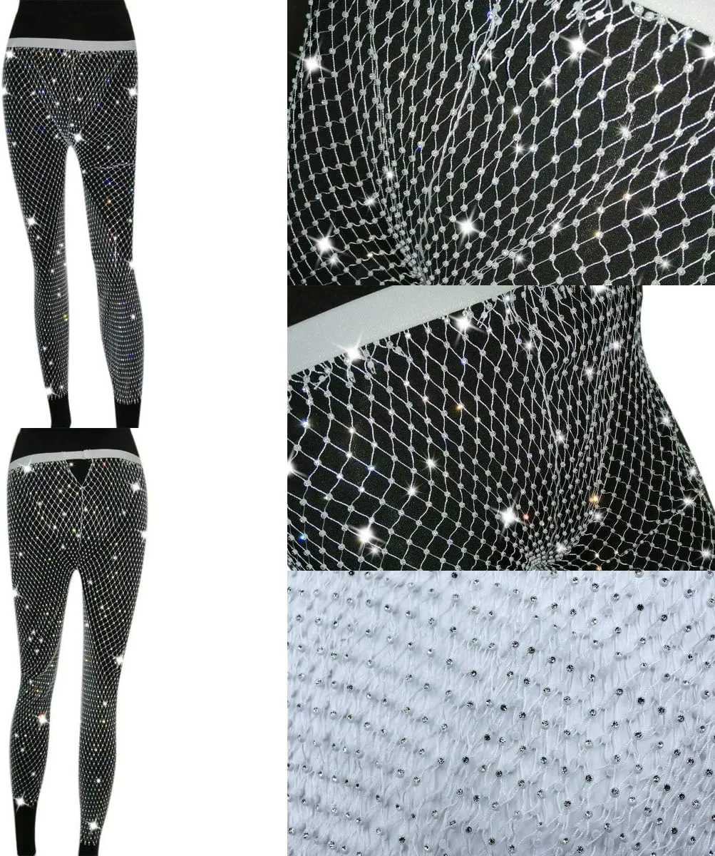 Women Sexy Crystal Rhinestone Mesh Pants Hollow Out Fishnet Leggings Rave Party Festival Club Trousers Beach Cover Up