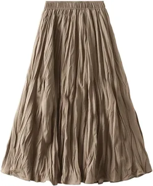Women Spring Summer Casual High Waist A-Line Long Skirts Solid Color Pleated Midi Skirt
