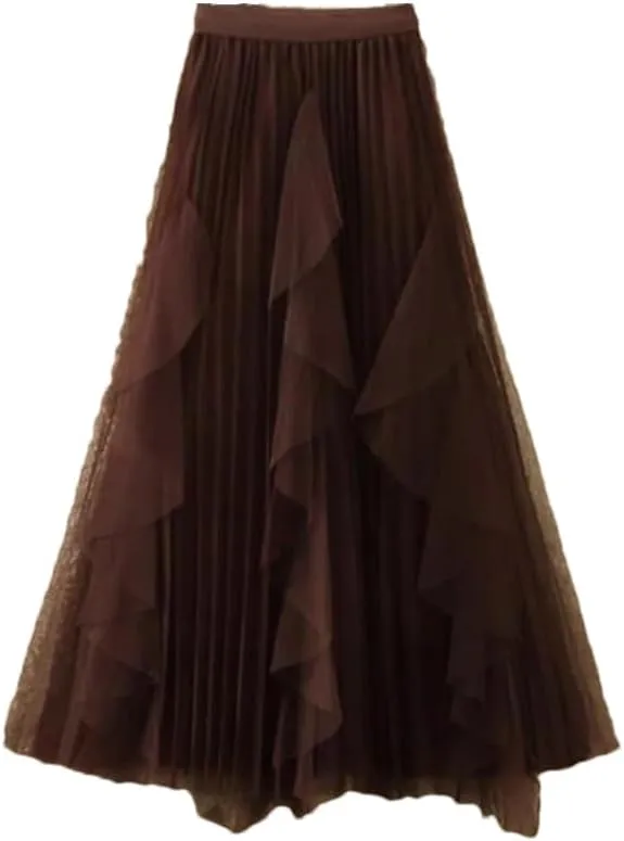 Women Spring Summer Elastic High Waist A-Line Skirt Female Midi Long Mesh Party Skirts
