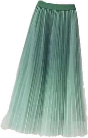 Women Spring Summer Gradient Pleated Mesh Skirts Elastic High Waist Casual A-Line Party Midi Long Skirt