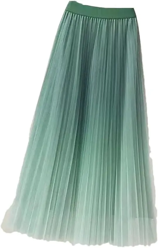 Women Spring Summer Gradient Pleated Mesh Skirts Elastic High Waist Casual A-Line Party Midi Long Skirt