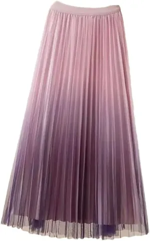 Women Spring Summer Gradient Pleated Mesh Skirts Elastic High Waist Casual A-Line Party Midi Long Skirt