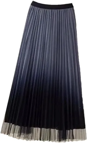 Women Spring Summer Gradient Pleated Mesh Skirts Elastic High Waist Casual A-Line Party Midi Long Skirt