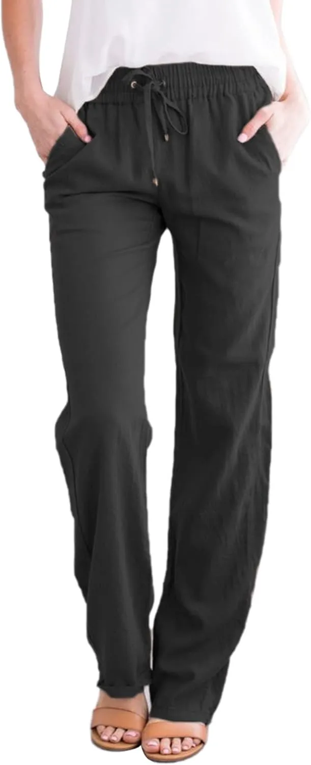 Women Summer Casual Cropped Linen Pants Drawstring Elastic High Waist Trousers Loose Casual Solid Wide Leg Pants