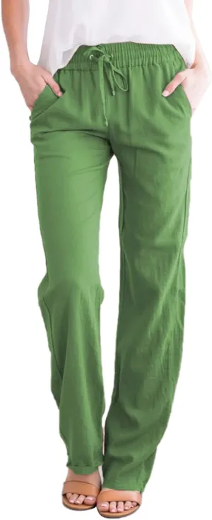 Women Summer Casual Cropped Linen Pants Drawstring Elastic High Waist Trousers Loose Casual Solid Wide Leg Pants