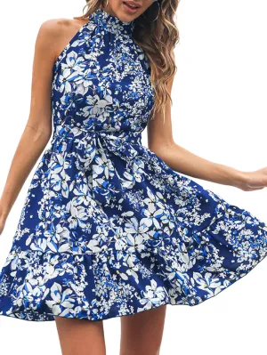 Women Summer Dresses Beach Boho Floral Sleeveless Swing Mini Dress Casual Ruffle Floral Dress Short Crushed Dress