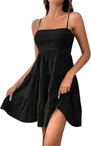 Women Summer Dresses Casual Boho Smocked Ruffles Babydoll Beach Mini Sundress Sleeveless Layered Flowy Swing Dress