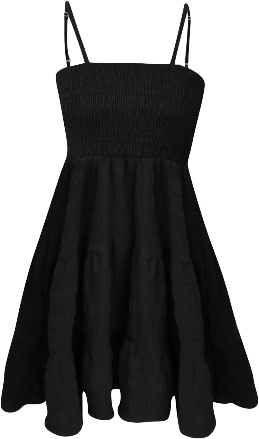 Women Summer Dresses Casual Boho Smocked Ruffles Babydoll Beach Mini Sundress Sleeveless Layered Flowy Swing Dress