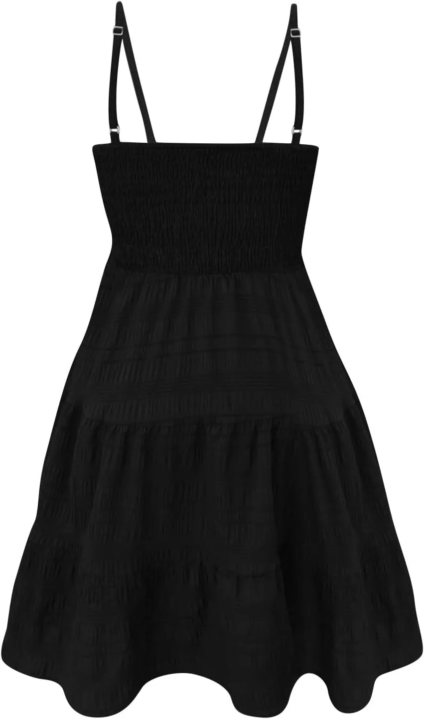 Women Summer Dresses Casual Boho Smocked Ruffles Babydoll Beach Mini Sundress Sleeveless Layered Flowy Swing Dress