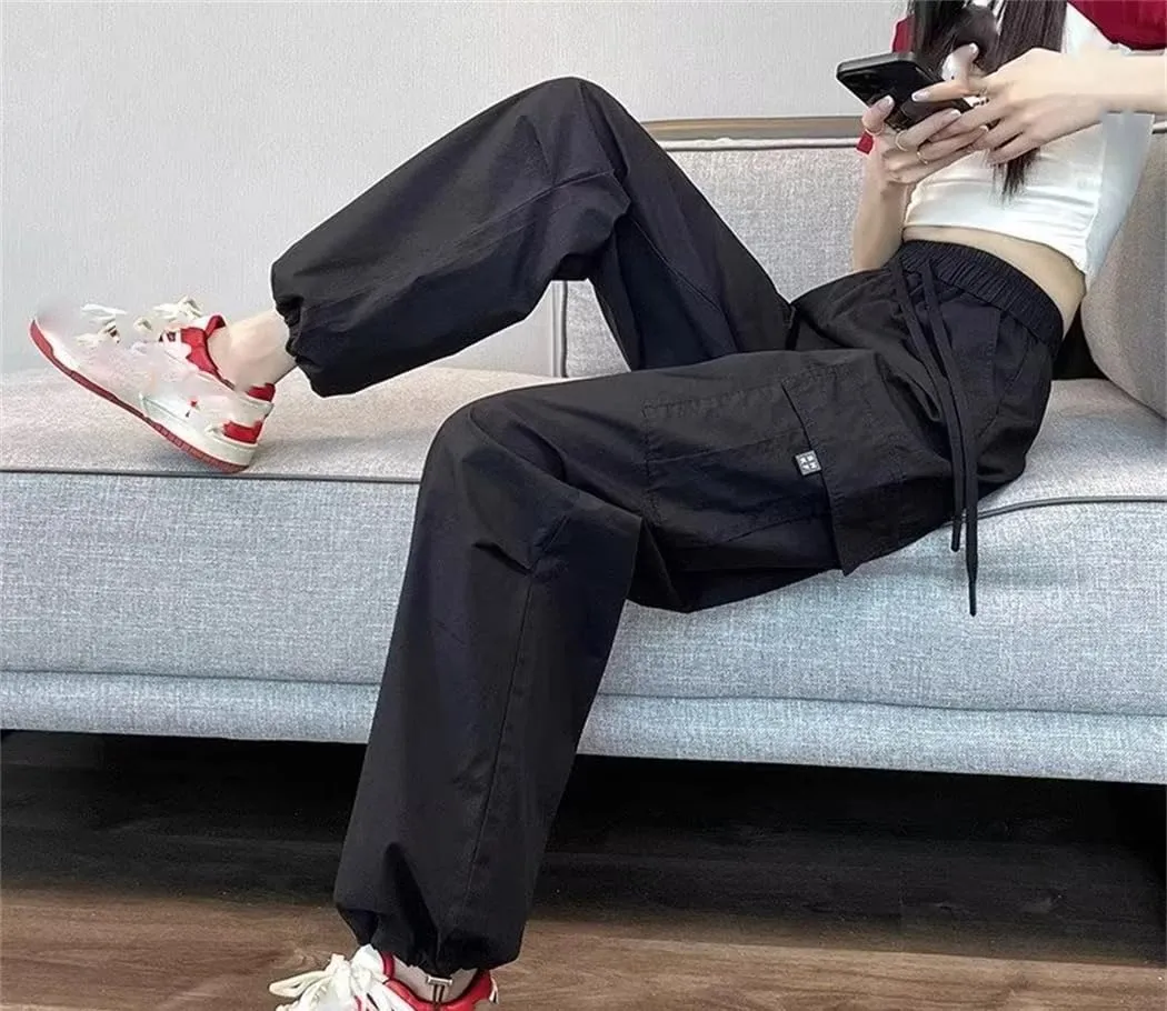 Women Summer Fashion Thin Joggers Pants Straight Cargo Pants Elastic High Waist Slim Trousers